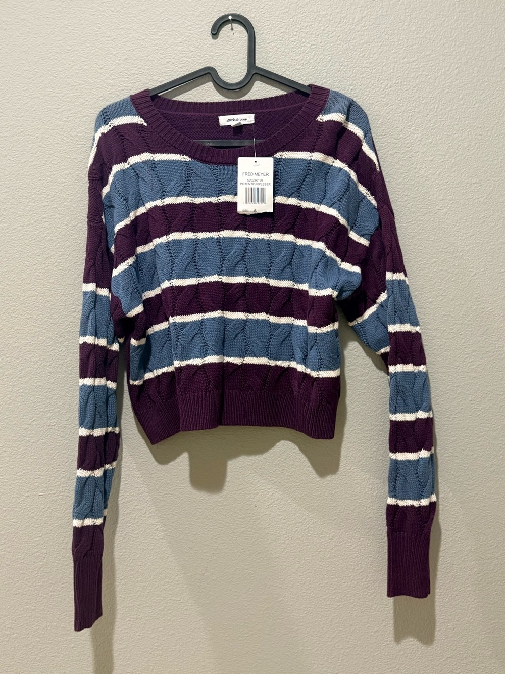Stitch & Pine Purple Stripe Cable Knit Crewneck Crop Sweater Size S